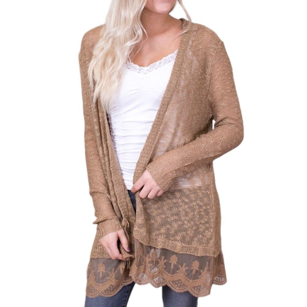 Umgee USA Mocha Lace Trim Open Front Cardigan Sweater M
